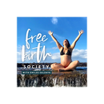 Emilee Saldaya - Free Birth Society Podcast - Woman in bikini, sitting on the beach with her arms jovially up in the air.